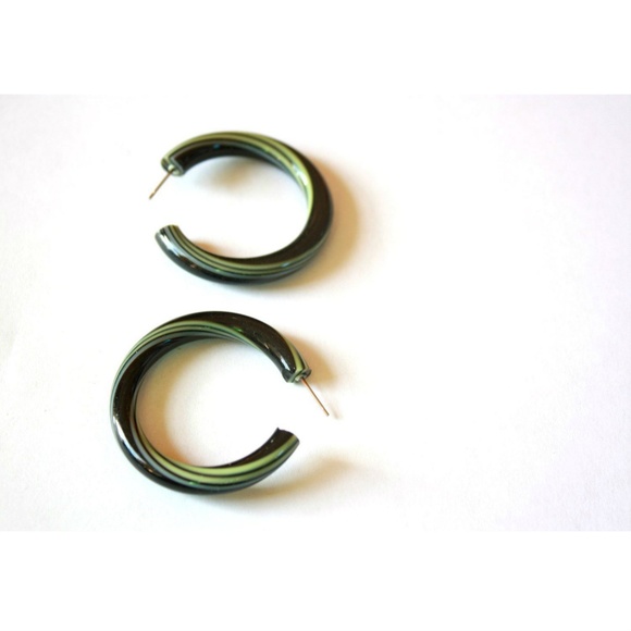 Black & Lime Green Large Tube Stripe Hoop Earrings - Picture 2 of 5